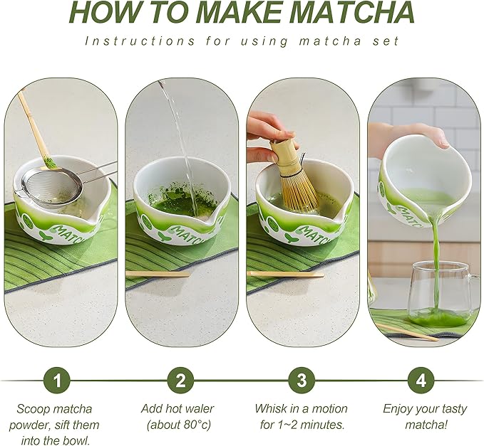 Matcha Whisk Set 7 Pcs Ceramic Matcha Set Includes Matcha Bowl, Matcha Whisk and Holder, Bamboo Scoop, Scoop Rest, Sifter and Tea Towel - Matcha Kit for Matcha Lovers
