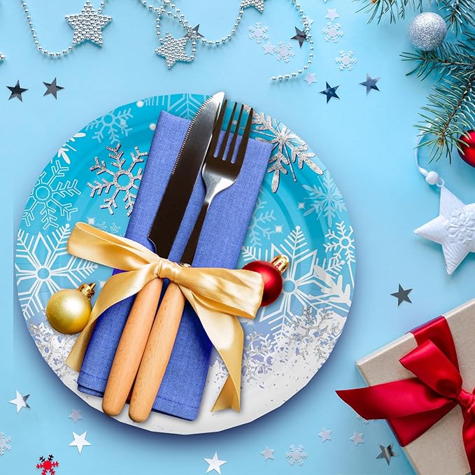 AFZMON 50 Pack Frozen Party Plates Dessert Paper Dinnerware Plates, 7 Inch Winter Snowflake Theme Disposable Round Plate for Christmas Xmas Winter Wonderland Frozen-theme Party Supplies