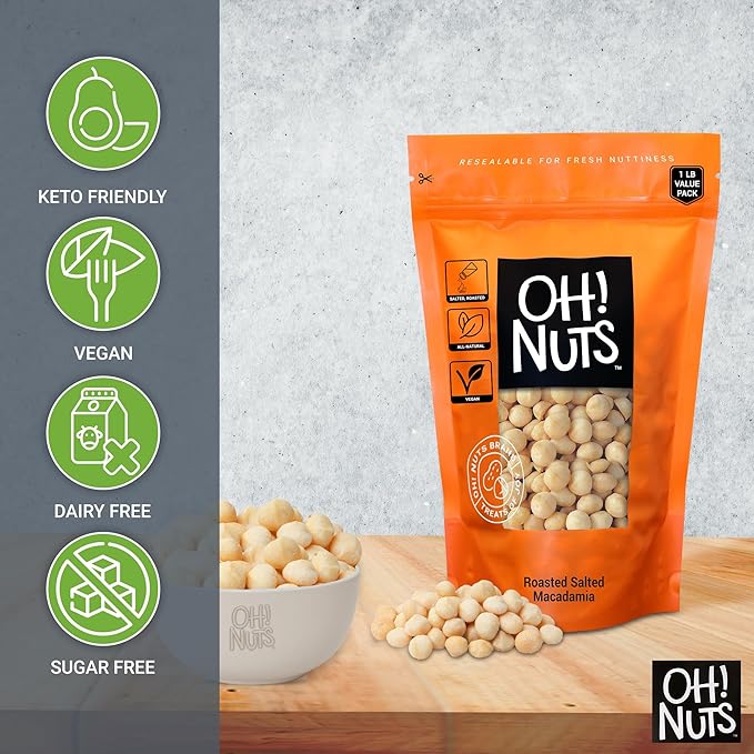 Oh! Nuts Roasted Salted Macadamia - 1 lb - Macadamia Nuts Salted - Premium Roasted Macadamia