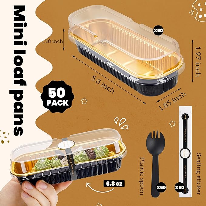 50 Pack Mini Cake Pans with Lids and Spoons Black Gold Rectangular Aluminum Foil Baking Pans Mini Cheesecake Containers(6.8oz)