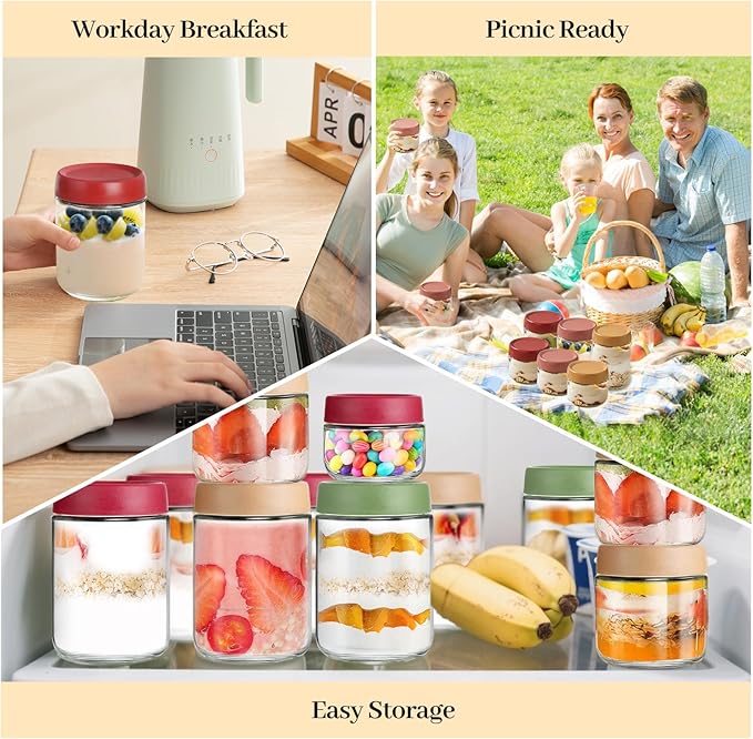 12 Pack Sealed Glass Jars with Lids 4oz 10oz 16oz, Overnight Oats Storage Containers, Salad, Yogurt, Snacks, Spices, Meal Prep Mason Jars - Reusable & Airtight