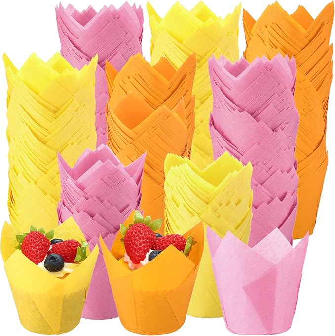 Yaomiao 600 Pcs Tulip Cupcake Liners Greaseproof Paper Tulip Muffin Liners Baking Cups Cupcake Wrappers Holders for Weddings Birthdays Anniversaries Banquets Party Christmas (Pink, Yellow, Orange)