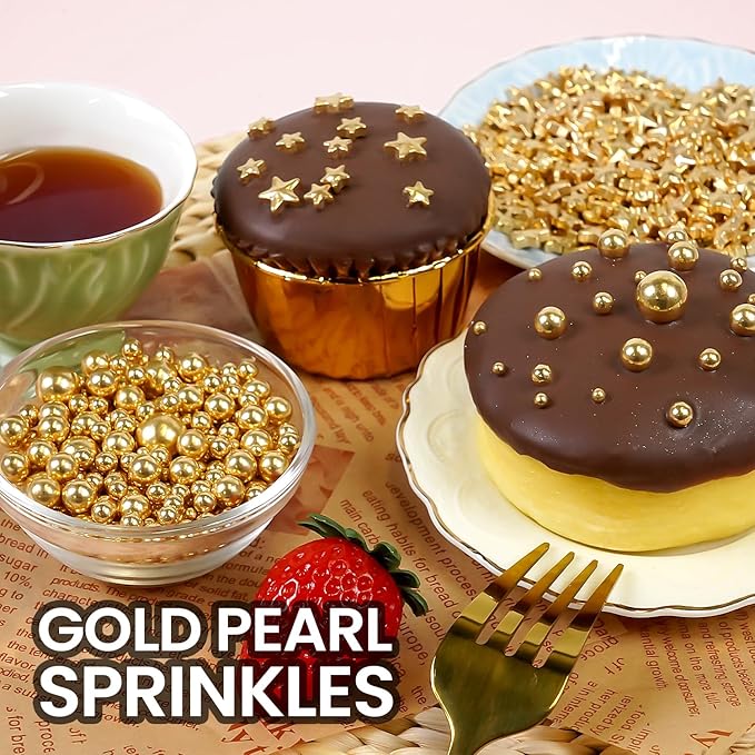 Gold Pearl Sprinkles for Cake Decorating, 150g/5.29oz, Mix Size, Edible Sugar Candy Pearls, Cake Decorations, Cupcake, Cookies, Foodgrade Topper, Holiday, Wedding Party, Easter, Christmas Supplies