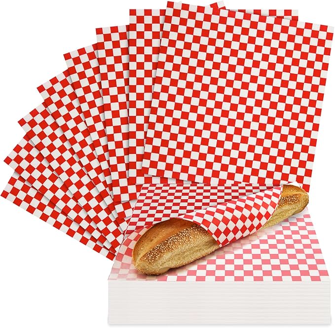 Culiware Deli Paper Sheets, 12x12 inch, 1000pcs - Classic Checkered Wax Sheet, Precut Food Basket Liners, Grease-Resistant Wrapping Paper for Sandwich Bread Burritos (Red and White)