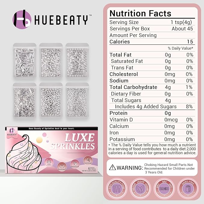 HUEBEATY 6-in-1 Metallic Silver Cake Pearls Sprinkles – Silver Galaxy Star Sprinkles for Cake Decorating, Cupcakes, Cookies & Ice Cream | 180g/6.36oz | Space, Wedding, Birthday Cake Decorations