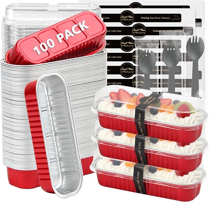 Ruckae 100 Pack Mini Loaf Pans with Lids and Spoons Stickers Disposable Aluminum Tin Foil Pans Rectangle Mini Loaf Cake Pan for Baking,Party,Picnics,Gifts(Red)