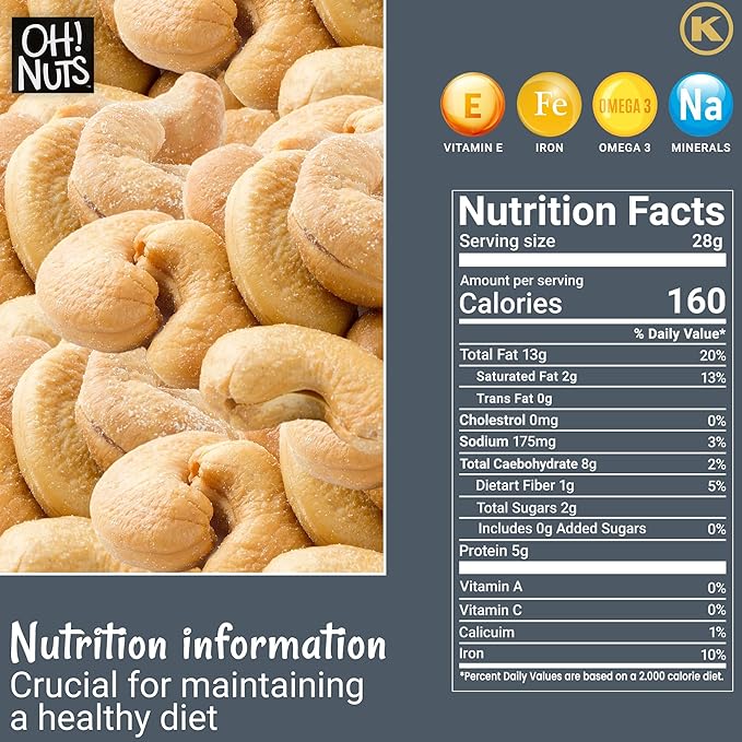 Oh! Nuts Cashews Roasted Salted - 3 lb - Oven Dry Roasted Cashews - Packed in New York Zip-Seal Bag for Exceptional Freshness