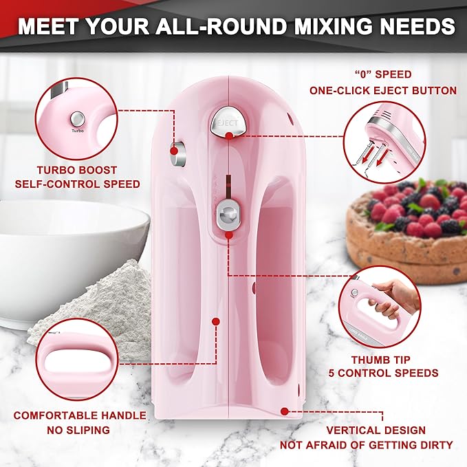 Lord Eagle Hand Mixer Electric 400W, 5 Speed handheld Mixer, 5 Stainless Steel Accessories for Baking Cake Egg Cream Food Beater, Turbo Boost/Self-Control Speed + Eject Button, Pink