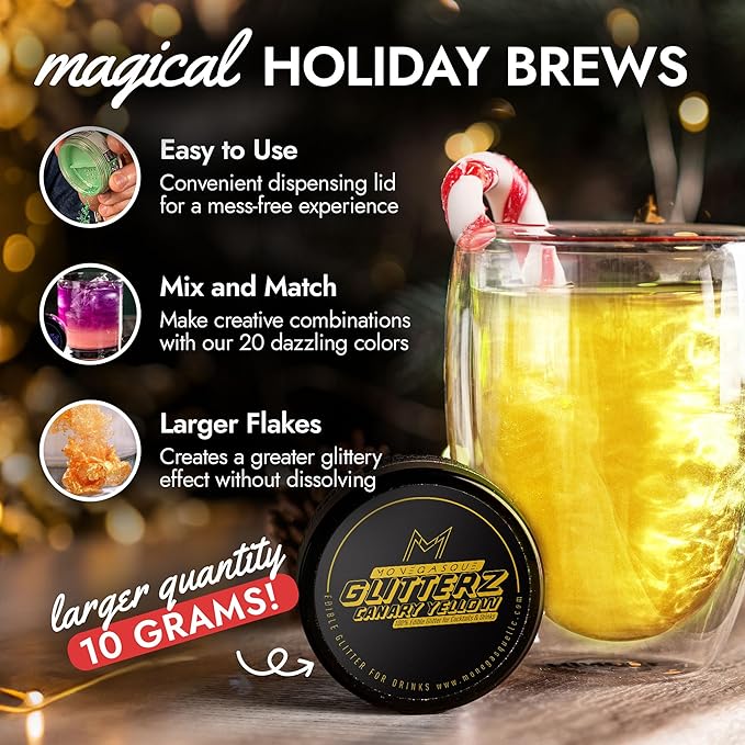 MONÉGASQUE Canary Yellow Edible Glitter for Drinks 10g – Yellow Edible Glitter for Cakes & Cocktails – Cocktail Drink Shimmer Flakes - Food Decorating & Christmas Cake Decorations Spray Dust