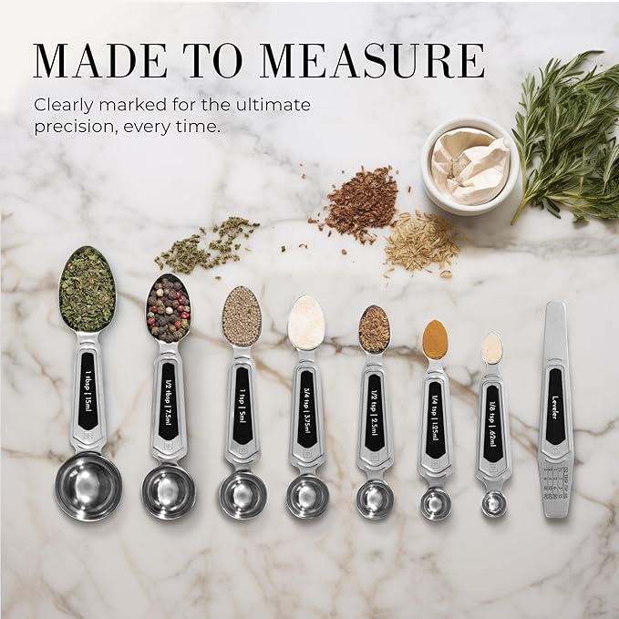 Stainless Steel Magnetic Measuring Spoons Set - 8-Piece Heavy Duty Metal, BPA-free, Stackable, Double Sided Measuring Spoons with Leveler for Dry and Liquid Ingredient - Fits in Spice Jars