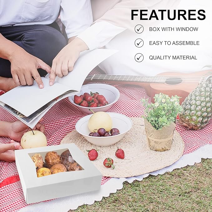 MT Products White Bakery Pie Boxes 9" x 9" x 2.5" - Auto Pop-Up Windowed Bakery Boxes (Pack of 15) - Made in the USA
