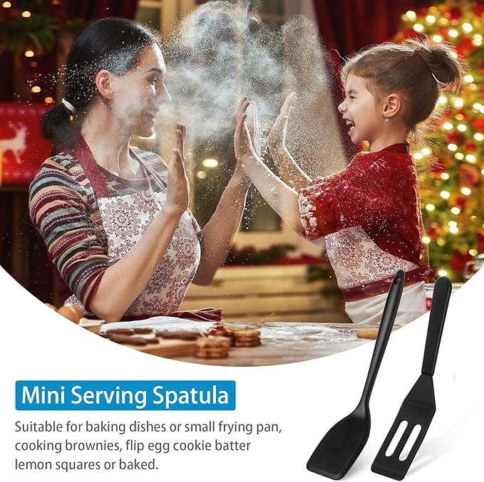 Patelai Mini Silicone Brownie Serving Spatula Flexible Nonstick Serve Turner Heat Resistant Cookie Slotted Spatula for Eggs in Small Frying Pan Cookie Batter Lemon Baked(Black,2 Pieces)