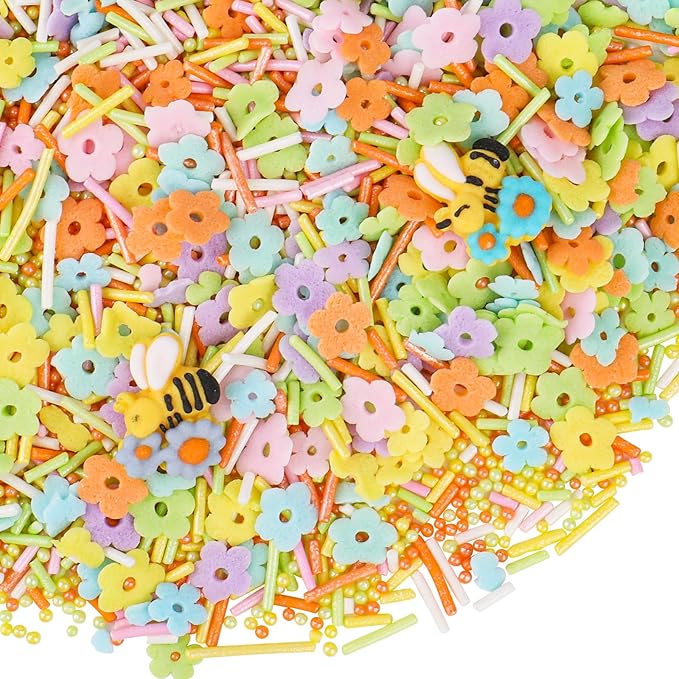 Flower Sprinkles for Cake Decorating, Edible Spring Colorful Sprinkles with Flowers Bees Green Pearls for Cake Cupcake Baking Cookie Toppings