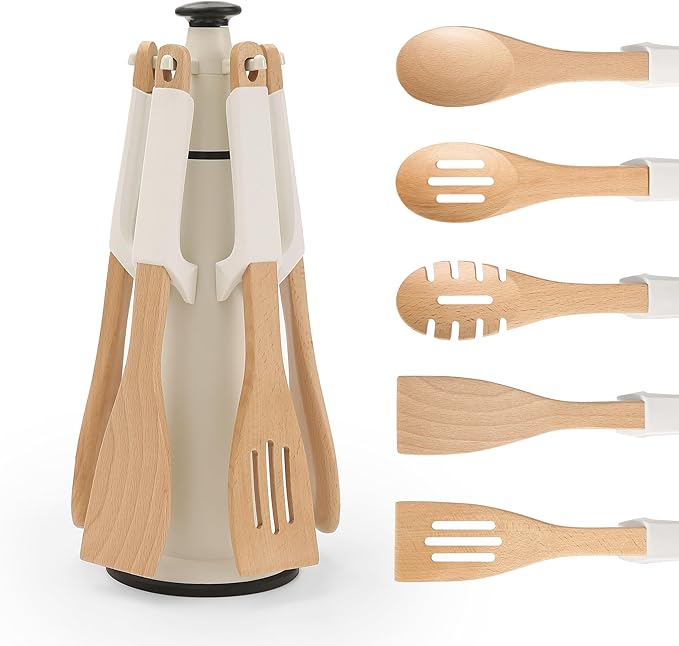 Chef’s Path Wooden Cooking Utensils Set – 5-Piece Beech Wood Kitchen Utensils Set with Silicone Spoon Rest, Wooden Spatula, Serving Spoon, Wooden Spoons for Cooking & Rotating Utensil Holder, White