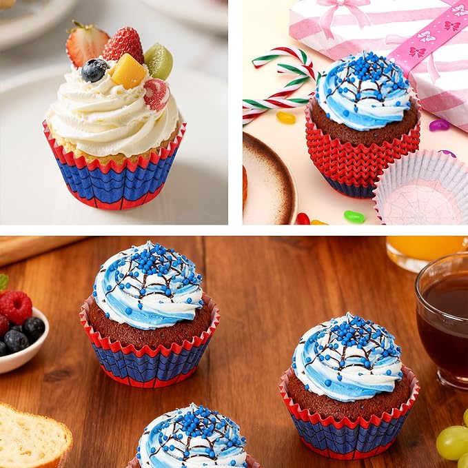 300pcs Spider Web Cupcake Liners, Paper Red & Blue Baking Cups for Muffins Cakes Ice Cream Dessert Spider Themed Party Supplies for Birthday Wedding & Halloween