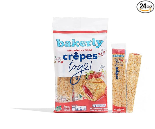 bakerly Strawberry Filled Crepes to go! Non GMO, Free from Artificial Flavors & Colors, Pack of 4, 6-Count (24 Total Crepes)