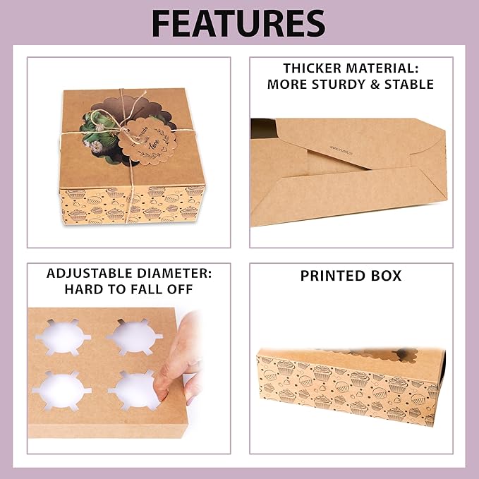 Cupcake Boxes with Insert (Pack of 20), Brown Cupcake Carrier, Food Grade Kraft Bakery Boxes with Windows and Inserts to Fit 4 Cupcakes Muffins or Pastries
