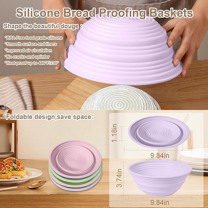 4Pcs Silicone Banneton Bread Proofing Baskets, 9" Collapsible Sourdough Bread Baking Supplies Non-Stick Round Dough Proofing Bowl Containers Oven Safe for Various Tastes Bread Making-BPA Free