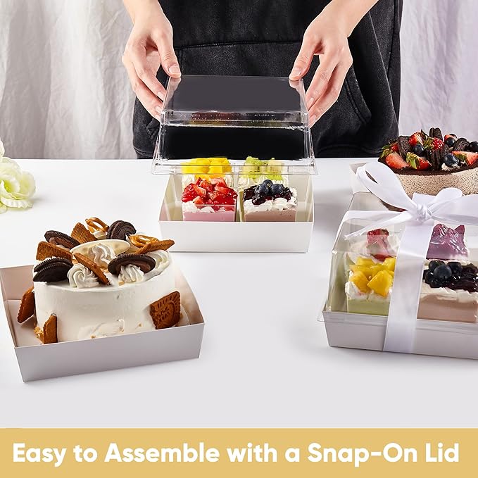 20 Pack 7x7x4 Cake Boxes with Clear Lids for 4-6 Inch Cakes, Treats or Desserts – Paper Bento Cake Boxes, Disposable Bundt Containers – Bakery Take Out Containers – To Go Square Packaging, White
