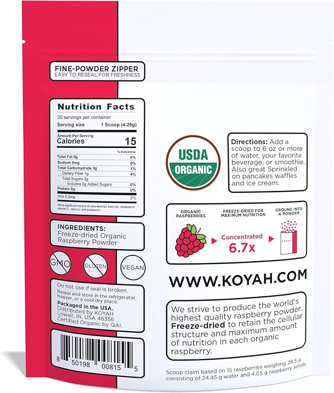 KOYAH - Organic Raspberry Powder 30 Servings (1 Scoop = 15 Raspberries), Freeze-Dried, Whole-Berry Powder, Equivalent to 450 Raspberries