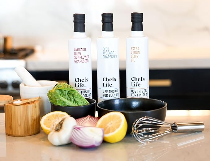 Chefs Life Cooking Oil, Blending Oil, & Finishing Oil 3 Pack - Extra Virgin Olive Oil, Avocado Oil, Cooking Oil Variety Pack, Gift Set for Dipping, Dressing, Cooking - 16.9 Fl Oz (3 Bottle Gift Set)