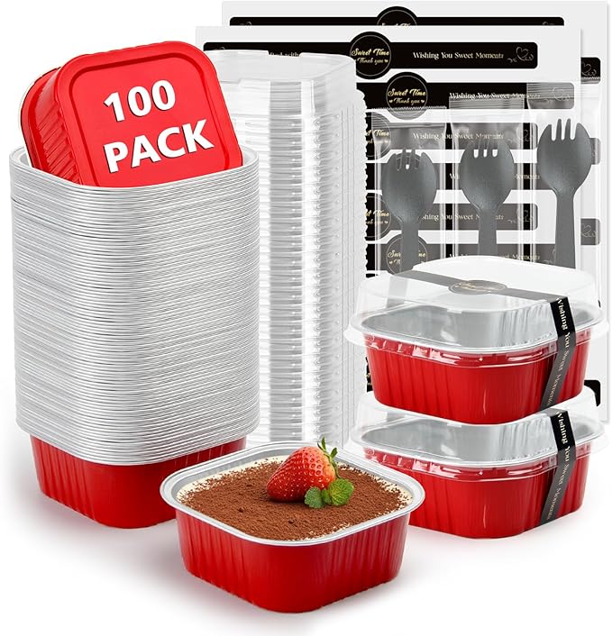 Ruckae 10oz100 Pcs Square Mini Loaf Pans with Lids-Disposable Foil Dessert Containers,Mini Cake Pans with Lids,Aluminum Dessert Cups for Parties and Weddings (Red, 10oz)