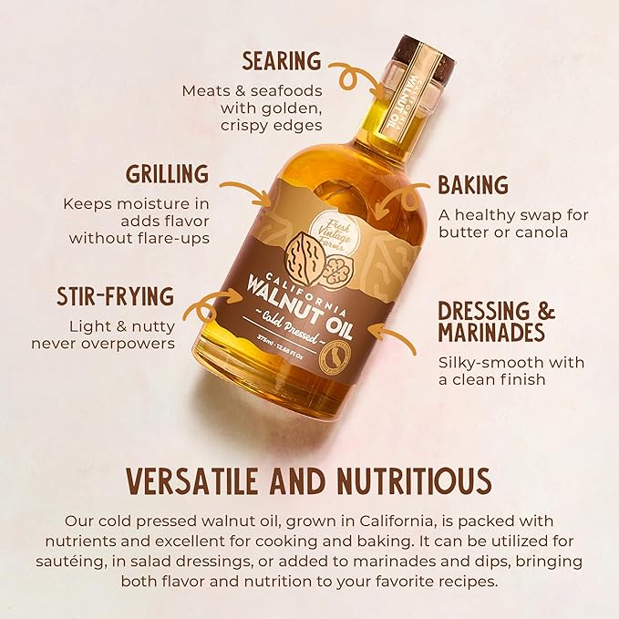 Fresh Vintage Farms 100% Undiluted Cold Pressed Walnut Oil | Wholesome & Nutritious Healthy Cooking Oil for Cooking, Baking, Grilling, Dipping, & Salads | Walnut Oil - 12.68 Fl Oz, Pack of 6