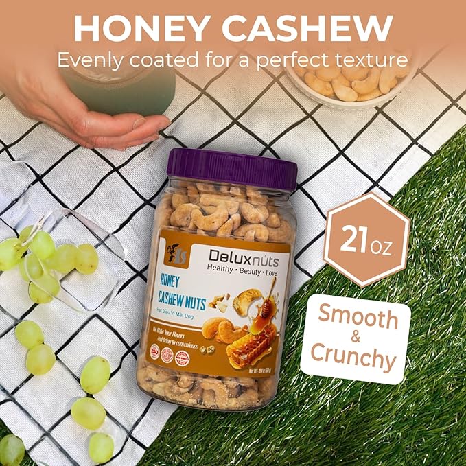 DELUXNUTS Premium Roasted Honey Cashew Crunch 21oz | Sweet Honey Roasted Cashews Gift, Whole Cashew Nuts Snack Mix, Healthy Gourmet Snack for Adults, High Protein, Gluten-Free, Premium Holiday & Christmas Gift Idea