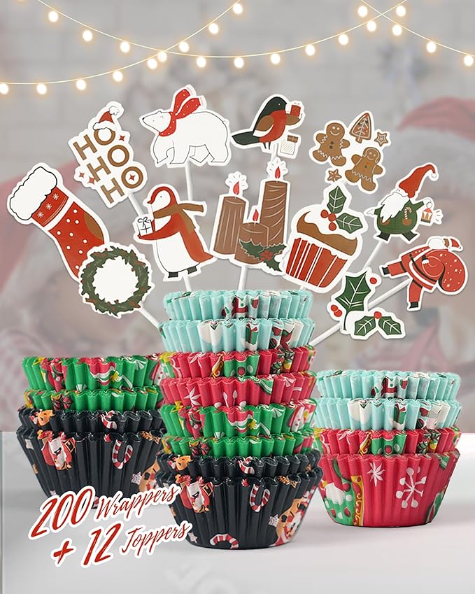 Standard 200 Pcs Christmas Cupcake Liners with 12 Pcs Cupcake Toppers, Christmas Muffin Liners, Baking Cups for Xmas Holiday Party Favors