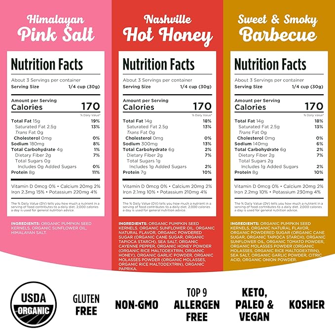 Top Fox Snacks Pumpkin Seeds to Eat Variety (Himalayan Salt, Sweet & Smoky Barbecue, Nashville Hot Honey, 3.5 oz, Pack of 6) - Gluten Free, Protein Snacks, Keto Snacks, Vegan Organic Pop-Roasted