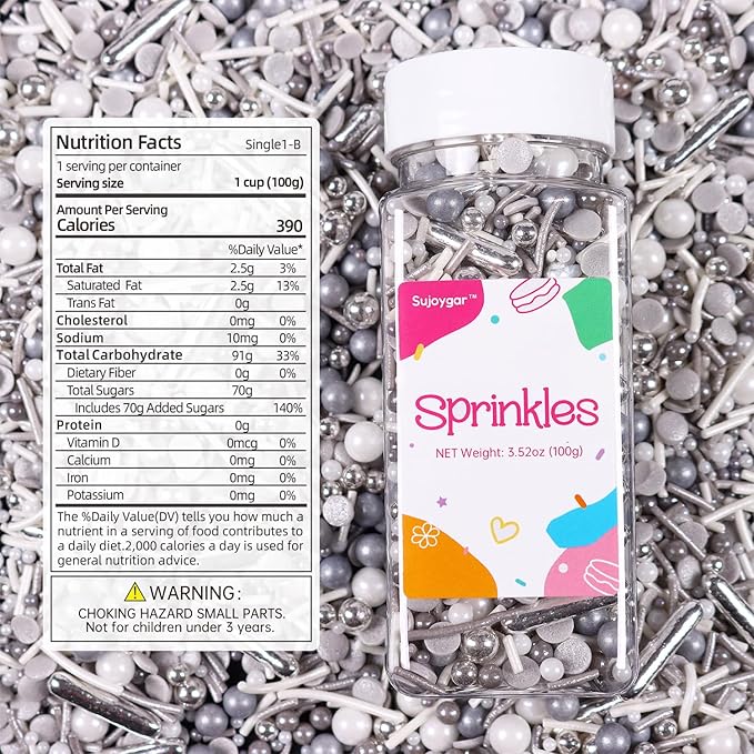 Silver Sprinkles for Cake Decorating, White Silver Sprinkles Mix for Cupcakes Toppers, Ice Cream, Cookie, 3.52oz
