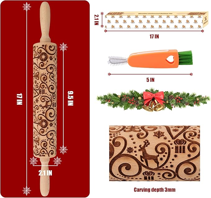 17" Premium Wooden Rolling Pins for Baking with Reindeer Embossed Designs | 3mm Deep Springerle Cookie Molds | Christmas Rolling Pin & Baking Gifts for Women | Includes 3-in-1 Cleaning Brush