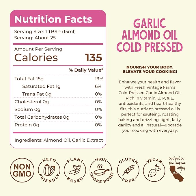 Fresh Vintage Farms 100% Cold Pressed Garlic Infused Oil | Wholesome & Nutritious Healthy Cooking Oil for Cooking, Baking, Grilling, Dipping, & Salads | Garlic Almond Oil - 12.68 Fl oz, Pack of 1