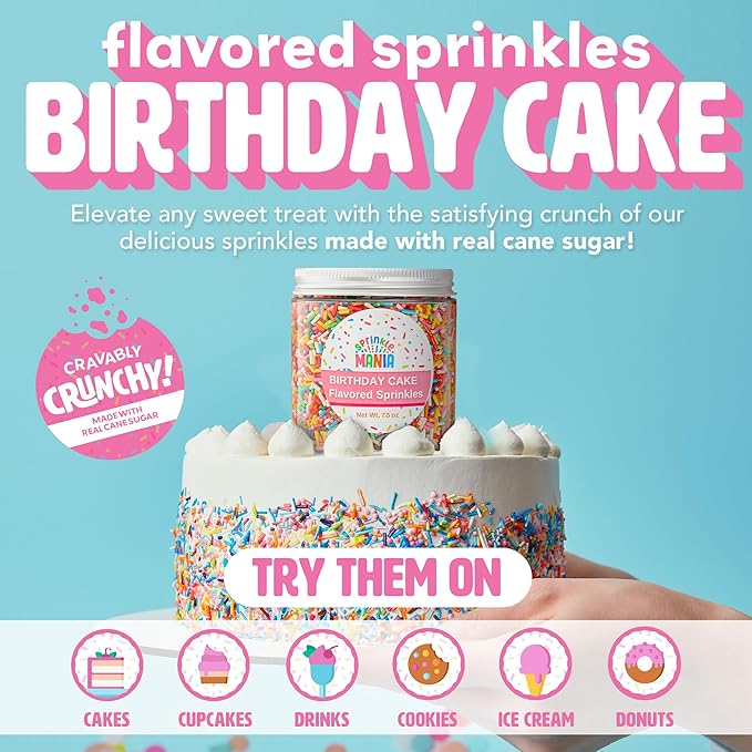 Flavored Birthday Cake Sprinkles for Ice Cream, Drinks & Cupcakes - Our Edible Birthday Sprinkles Taste Just Like the Real Thing! Our Flavored Jimmies Are Gluten Free & Use Real Cane Sugar (7.5oz)