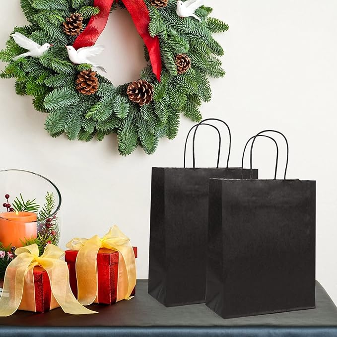 PAICUIKE 100Pack Kraft Paper Bags 13x7x13Inch Black Large, Kraft Shopping Bags, with Handles, for Business Merchandise, Wedding Party Favor Bag, Paper Bag, Bulk