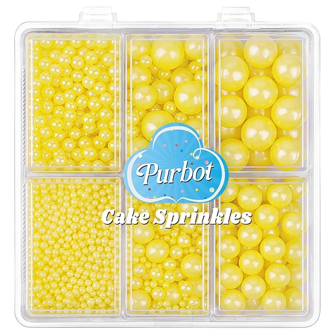 Yellow Pearl Sprinkle for Cake Decorating, 4 Sizes Sugar 130g/4.6oz, Cupcake, Ice Cream, Donuts, Macaron Toppings Supplies (2mm, 4mm, 7mm, 1cm)