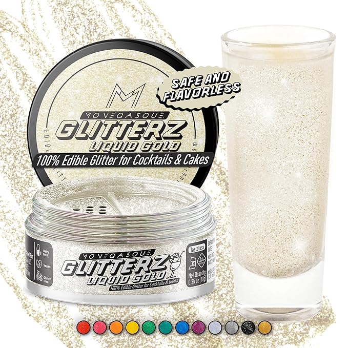 MONÉGASQUE Gold Iridescent Edible Glitter for Drinks 10g – Liquid Gold Edible Glitter for Cakes & Cocktails – Cocktail Drink Shimmer Sparkles – Cake Decorating Christmas Sprinkles Toppers for Cupcakes
