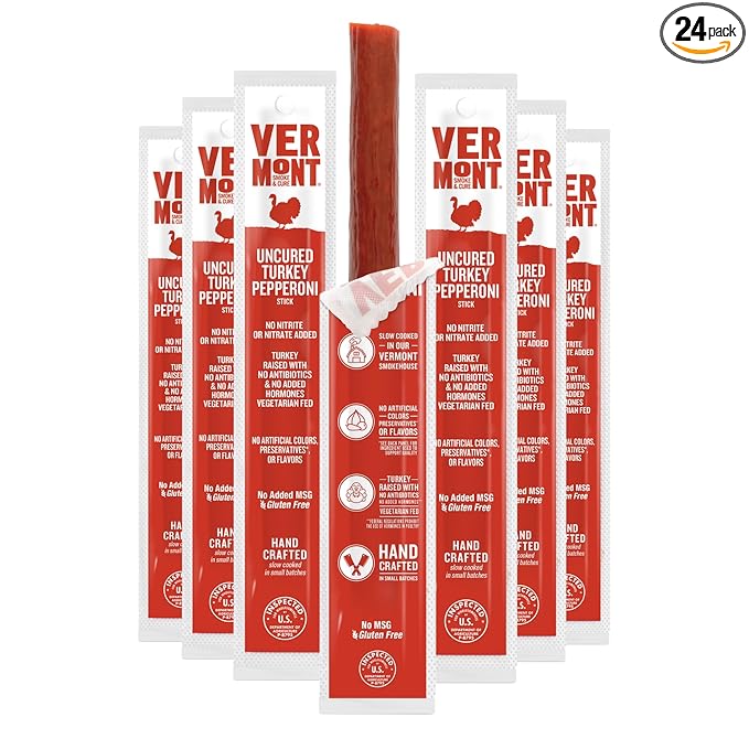 Vermont Smoke & Cure - Turkey Uncured Pepperoni Meat Sticks - Protein Snacks - On the Go Healthier Snack for Adults & Kids - 24 Count