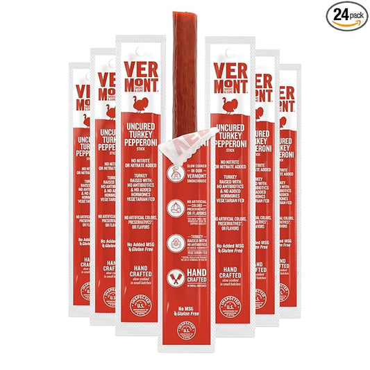 Vermont Smoke & Cure - Turkey Uncured Pepperoni Meat Sticks - Protein Snacks - On the Go Healthier Snack for Adults & Kids - 24 Count