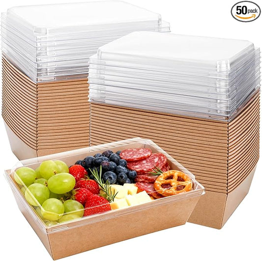 Hiceeden 50 Pack Charcuterie Boxes with Clear Lids, 8.4"×5.7"×2.8" Paper Bakery Dessert Sandwich Box, Disposable Large Food Containers for Cookies, Donuts, Muffins, Salad, and Pastry, Brown