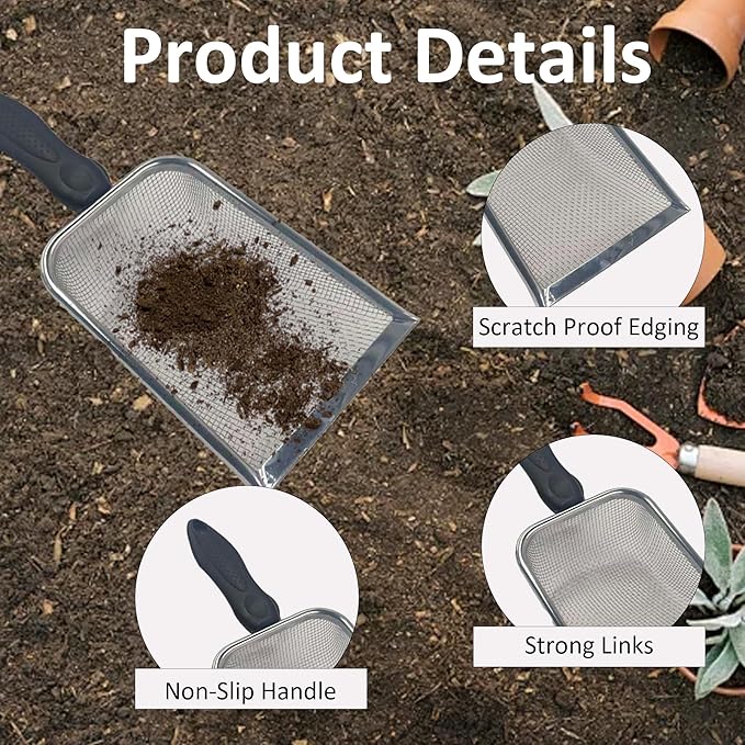 2Pcs Soil Sifter for Gardening, Stainless Steel Garden Sieve with Handle - 3mm Mesh Dirt Sifter for Compost Sand Rocks, Heavy-Duty Gardening Tool for Potting Landscaping and Planting