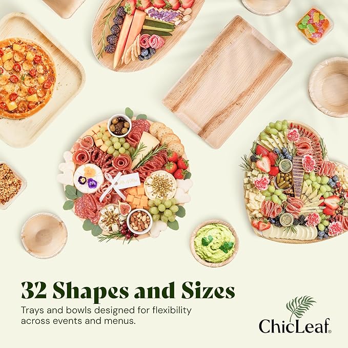 Chic Leaf All Natural Compostable & Disposable Rectangular 15" x 10" Palm Leaf Tray for 4th of July - Party Charcuterie Board, Thanksgiving, Catering & Wedding Appetizers - Party Plates (10 pc)