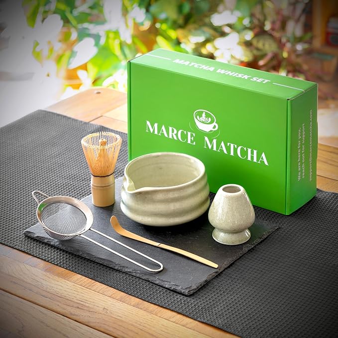 Matcha Whisk Set- Matcha Set includes Matcha Whisk and Bowl (Bowl with Spout), Sifter, Holder and Scoop- The Perfect Bamboo Whisk for Matcha Tea (Molted Green)