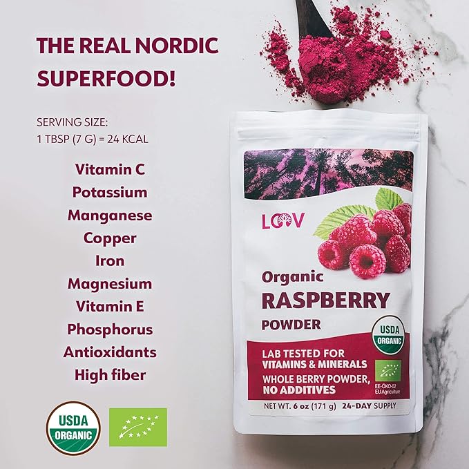 Organic Freeze-Dried Raspberry Powder – 100% Natural Whole Fruit, Certified Organic Red Raspberries – Perfect for Smoothies, Shakes & Baking – Non-GMO, No Added Sugar – 6oz (33 Servings)