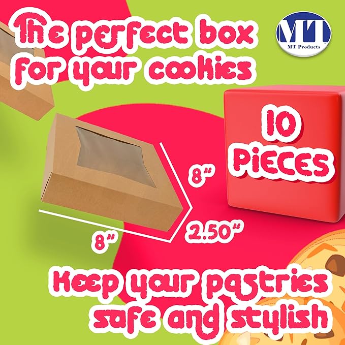 MT Products Kraft Cookie Boxes 8" x 8" x 2.5" - Bakery Boxes with Window (Pack of 10) - Made in USA