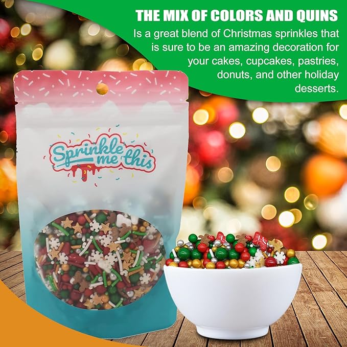 Christmastime Treasures - 12 Oz Resealable Bag - Christmas Themed Sprinkle Mix - Features Snowflake Quins, Santa Boot Quins, Red, Silver, and Green Pearls and More - Ice Cream and Cake Sprinkles