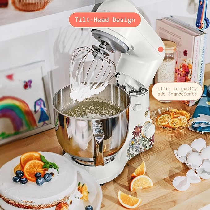 Beautiful 5.3 QT Stand Mixer w/Tilt-Head Design, Stainless Bowl, 300-Watt Power, 12-Speed Control, Includes Beater, Dough Hook, Whisk, Splash Shield (Wildflower White Icing)