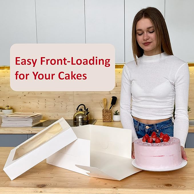 12x12x8 Inch Cake Boxes 15 pcs, Large 12 Inch Cake Box with Window for 8 Inch Tall Tiered Bakery Cakes, Pies, Sturdy Square White Cardboard, Cake Decorating Supplies (80 Pcs Stickers)
