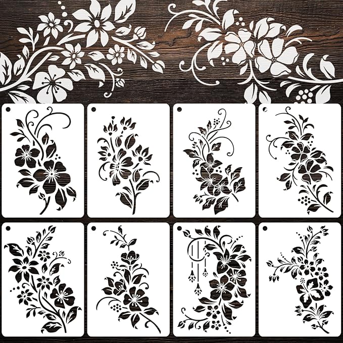 YKW 8 Pack Floral Stencils for Painting, Reusable Plant Spray Paint Templates - Large 11x8 Flower Patterns for Wall, Fabric, Wood,Stone - DIY Home Decor (Plant-Flower)