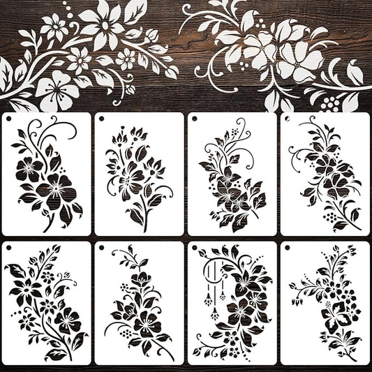 YKW 8 Pack Floral Stencils for Painting, Reusable Plant Spray Paint Templates - Large 11x8 Flower Patterns for Wall, Fabric, Wood,Stone - DIY Home Decor (Plant-Flower)